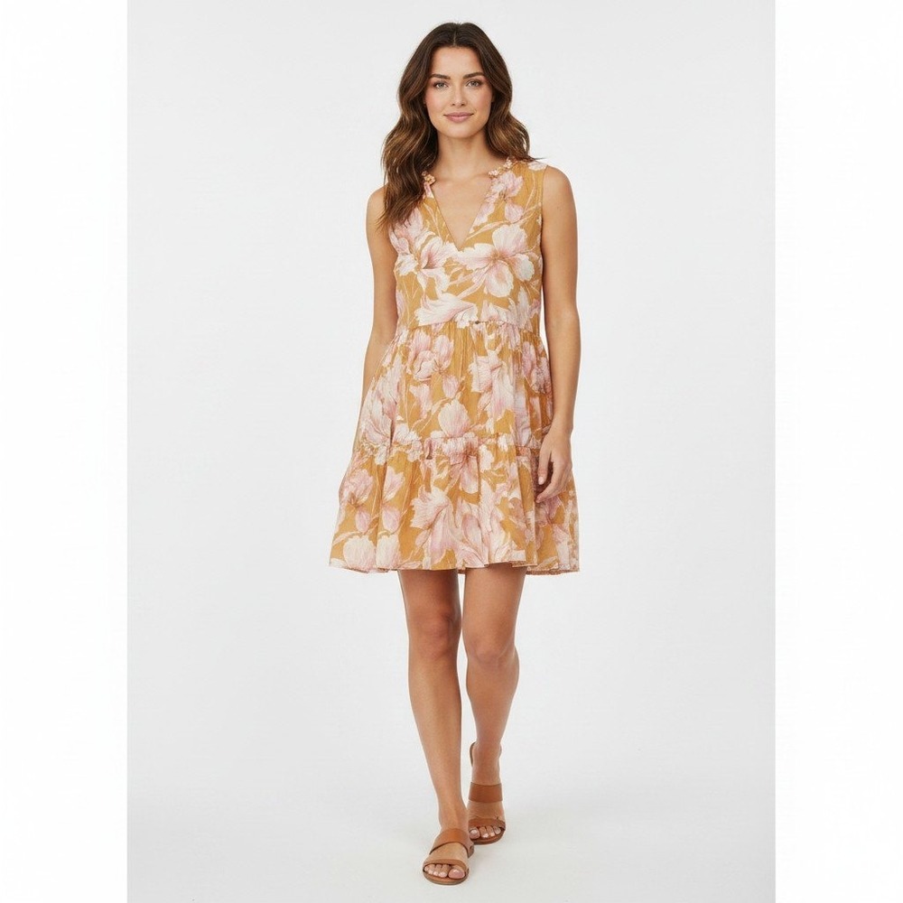 Tiered Floral Mini Dress M 100% Cotton Pink Mustard Boho Resort Steve Madden